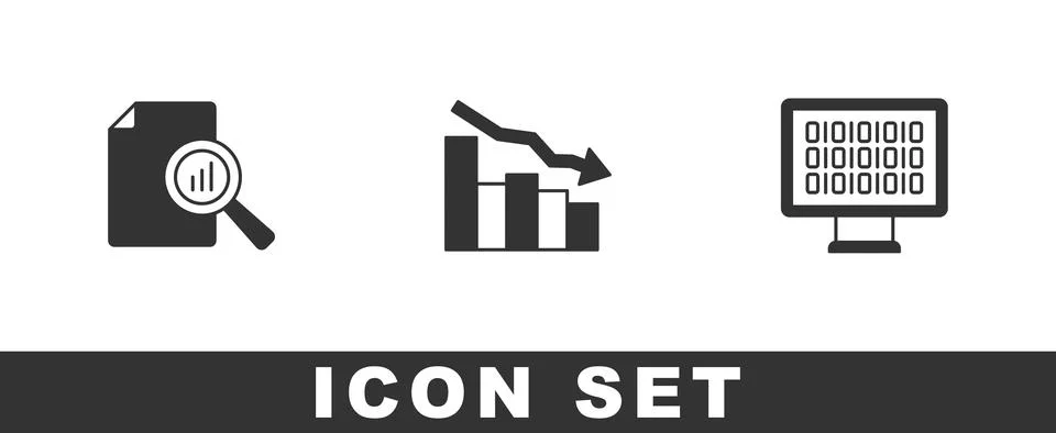 Set Document with graph chart, Financial growth decrease and Binary code icon Illustration
