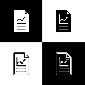 Set Document with graph chart icon isolated on black and white background. Re Ilustração Stock