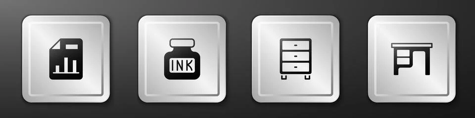 Set Document with graph chart, Inkwell, Archive papers drawer and Office desk Stock Illustration