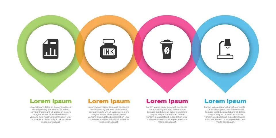 Set Document with graph chart, Inkwell, Coffee cup to go and Table lamp Stock Illustration