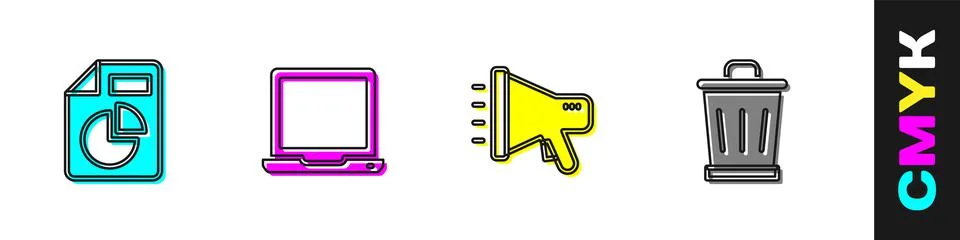Set Document with graph chart, Laptop, Megaphone and Trash can icon. Vector Illustrazione stock
