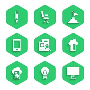 Set Document with graph chart, Light bulb, Computer monitor, Cloud database Illustrazione stock