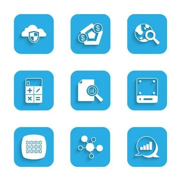 Set Document with graph chart, Mind map infographic, Pie, Server, Binary code Stock Illustration