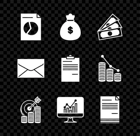 Set Document with graph chart, Money bag, Stacks paper money cash, Target coin 스톡 일러스트