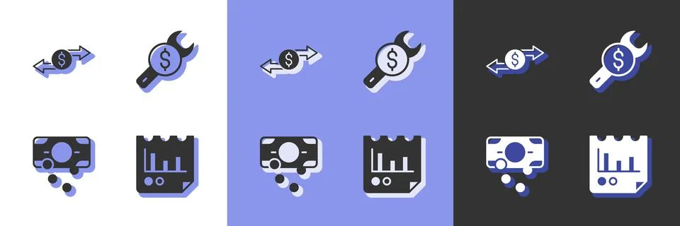 Set Document with graph chart, Money exchange, Stacks paper money cash and Illustrazione stock