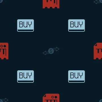 Set Document with graph chart, Money exchange and Buy button on seamless pattern Illustrazione stock