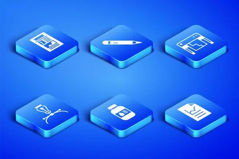 Set Document with graph chart, News, Printer ink bottle, Fountain pen nib 스톡 일러스트