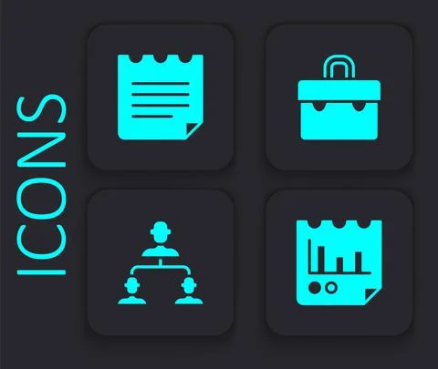 Set Document with graph chart, Notebook, Briefcase and Employee hierarchy icon Stock Illustration