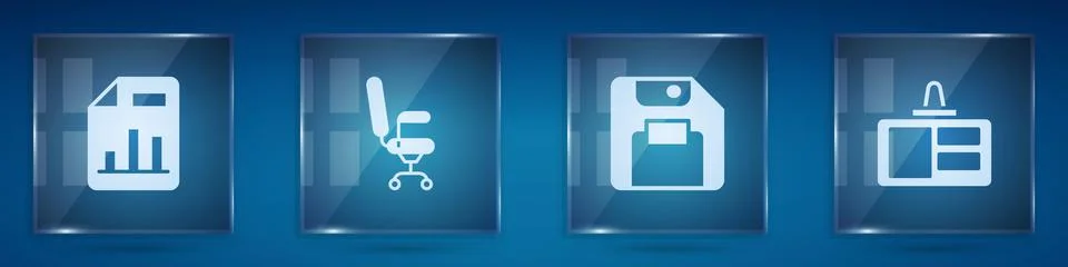 Set Document with graph chart, Office chair, Floppy disk and Identification Illustrazione stock