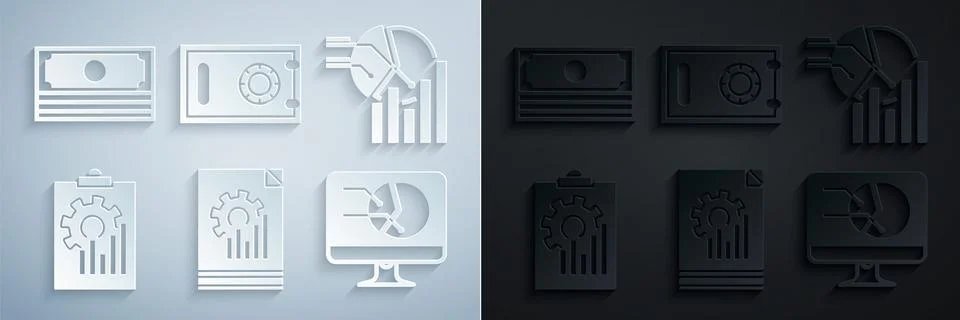 Set Document with graph chart, Pie infographic, Clipboard, Computer monitor Illustrazione stock