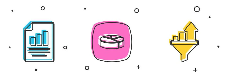 Set Document with graph chart, Pie infographic and Sales funnel icon. Vector 스톡 일러스트