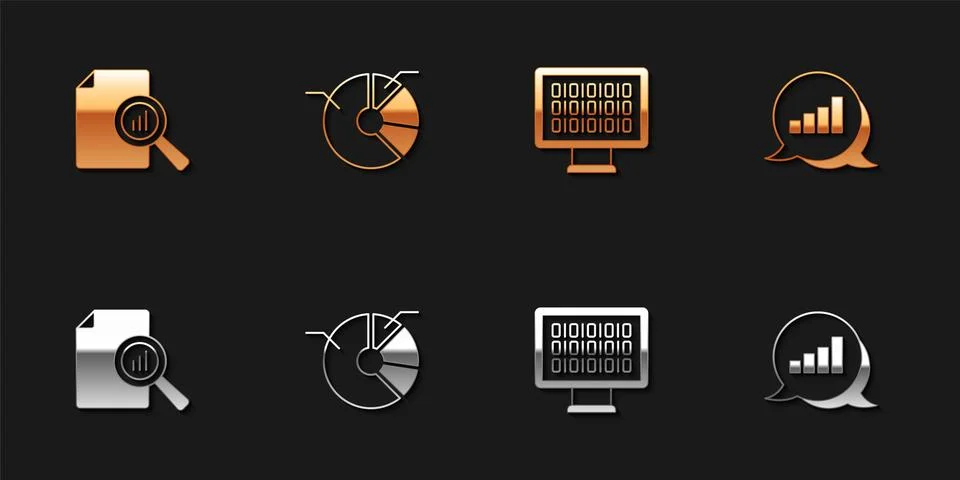 Set Document with graph chart, Pie infographic, Binary code and icon. Vector Stock Illustration