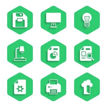 Set Document with graph chart, Printer, Cloud database, settings, Table lamp 스톡 일러스트