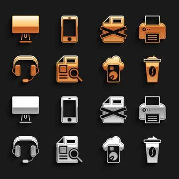 Set Document with graph chart, Printer, Coffee cup to go, Cloud database Stock Illustration