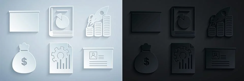 Set Document with graph chart, Rocket flying up on coins growth, Money bag Stock Illustration