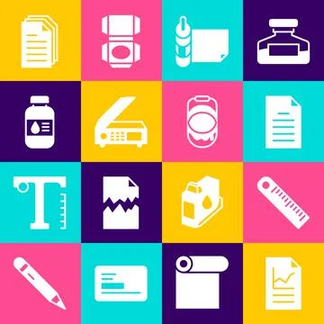 Set Document with graph chart, Ruler, File document, Roll of paper, Scanner Stock Illustration