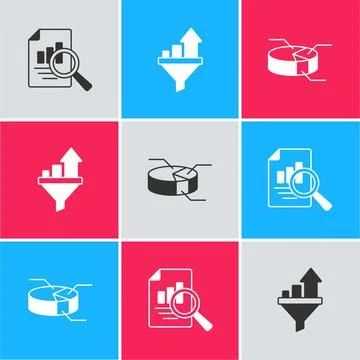 Set Document with graph chart, Sales funnel and Pie infographic icon. Vector Stock Illustration