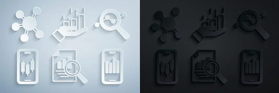 Set Document with graph chart, Search data analysis, Mobile stock trading Stock Illustration