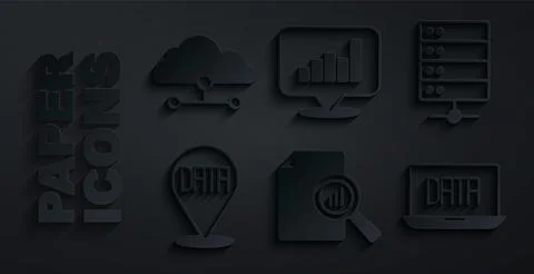 Set Document with graph chart, Server, Data analysis, Pie infographic and Stock Illustration