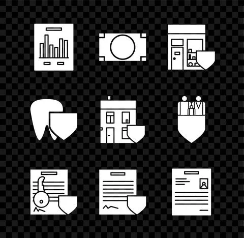 Set Document with graph chart, Stacks paper money cash, Shopping building shield Ilustración de archivo