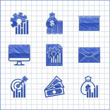 Set Document with graph chart, Stacks paper money cash, Money bag and diagram Illustrazione stock