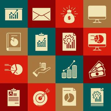 Set Document with graph chart, Stacks paper money cash, Computer monitor, Money Stock Illustration