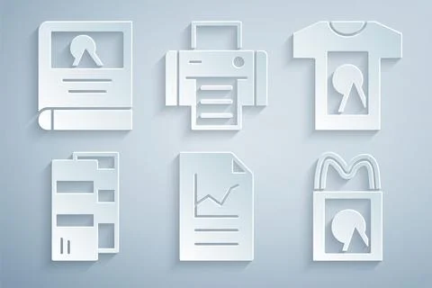 Set Document with graph chart, T-shirt, Pantone, Paper shopping bag, Printer and Illustrazione stock