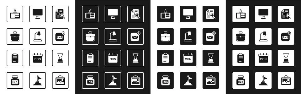 Set Document with graph chart, Table lamp, Briefcase, Identification badge 스톡 일러스트