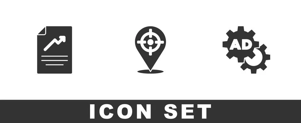 Set Document with graph chart, Target sport and Advertising icon. Vector Stock Illustration