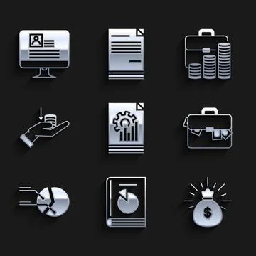 Set Document with graph chart, User manual, Money bag, Briefcase and money,.. Stock Illustration
