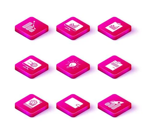 Set Document with graph chart, Wallet, Computer monitor, Light bulb rays shine Stock Illustration