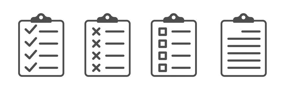 Set of document icons. A document icon with text, a tick, a cross and a squar Stock Illustration