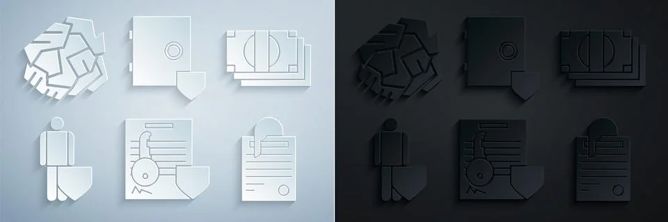 Set Document with key with shield, Stacks paper money cash, Life insurance, File Stock Illustration