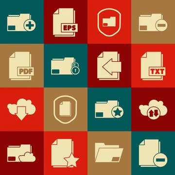 Set Document with minus, Cloud download and upload, TXT file document, folder Stockillustratie