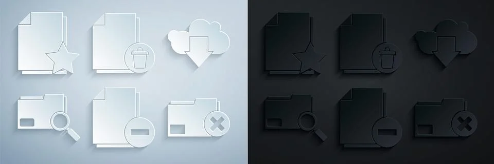 Set Document with minus, Cloud download, Search concept folder, Delete, file Stock Illustration