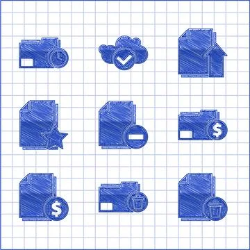 Set Document with minus, Delete folder, file document, Finance, star, Uploa.. Ilustração Stock