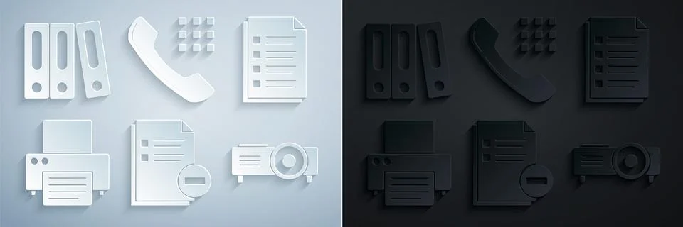 Set Document with minus, File document, Printer, Presentation, movie, film Illustrazione stock