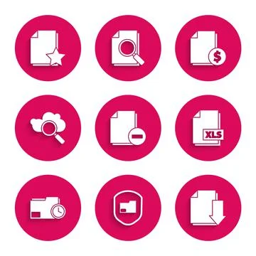 Set Document with minus, folder protection, download, XLS file document, clock Illustrazione stock