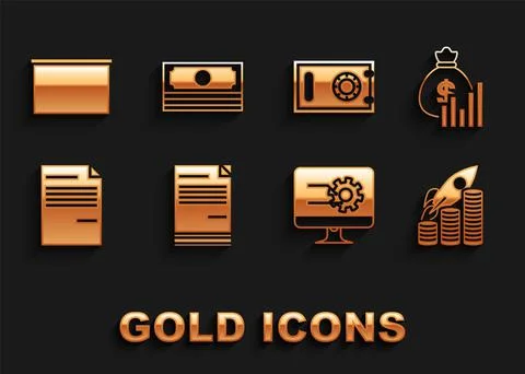 Set Document, Money bag and diagram graph, Rocket flying up coins growth chart イラスト素材