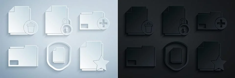 Set Document protection concept, Add new folder, with star, and lock and Delete Illustrazione stock