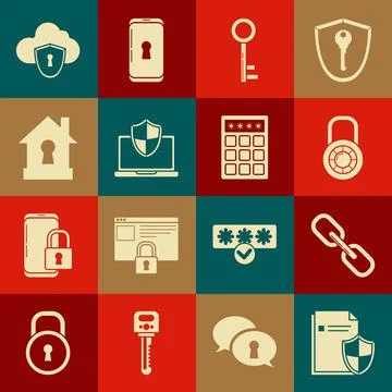 Set Document protection concept, Chain link, Safe combination lock wheel, Key Stock Illustration