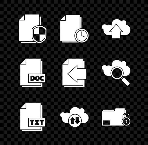 Set Document protection concept, with clock, Cloud upload, TXT file document Stock Illustration