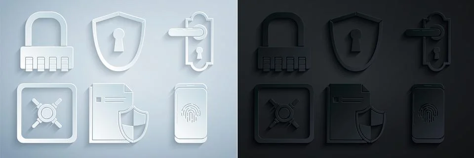 Set Document protection concept, Door handle, Safe, Smartphone with fingerprint Illustration