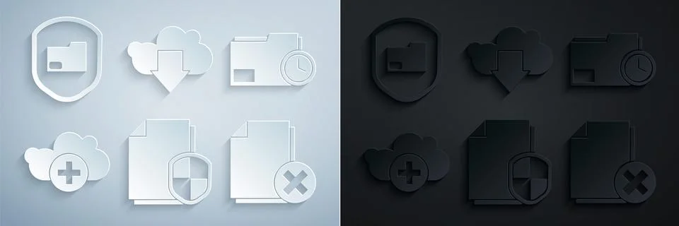 Set Document protection concept, folder with clock, Add cloud, Delete file Stock Illustration
