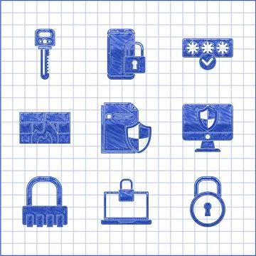 Set Document protection concept, Laptop and lock, Lock, Computer monitor shield イラスト素材