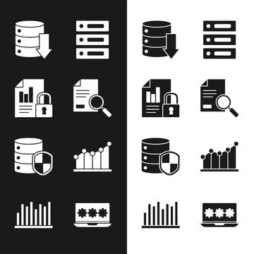Set Document with search, and lock, Server, Data, Web Hosting, shield, Pie chart イラスト素材