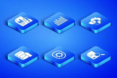 Set Document with search, and lock, Shield settings gear, Server, Data, Web 스톡 일러스트