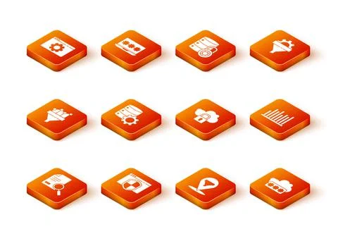 Set Document with search, Browser shield, Sales funnel chart, Server and gear Stock Illustration