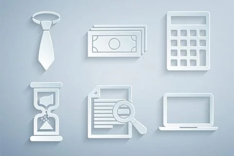 Set Document with search, Calculator, Old hourglass, Laptop, Stacks paper money Stock Illustration