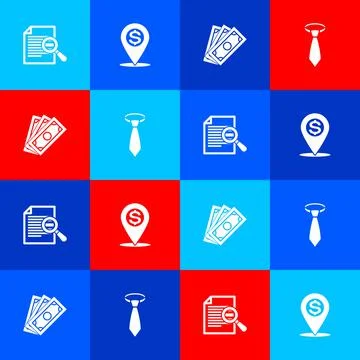 Set Document with search, Cash location pin, Stacks paper money cash and Tie 库存插图